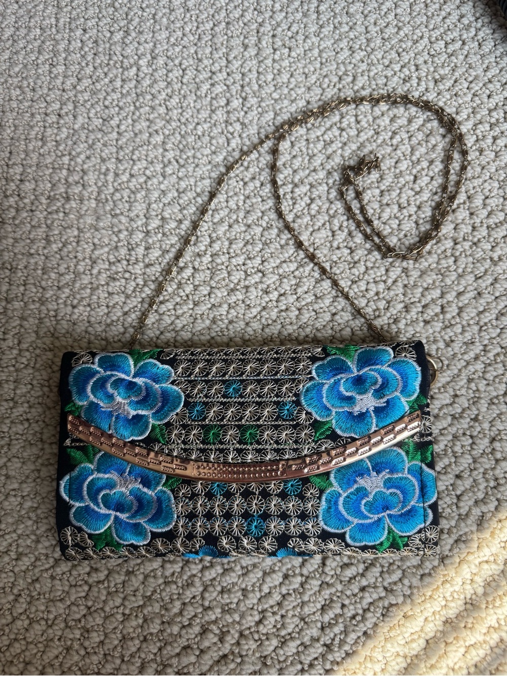 Mexican Embroidered Clutch Purse with Copper Chain